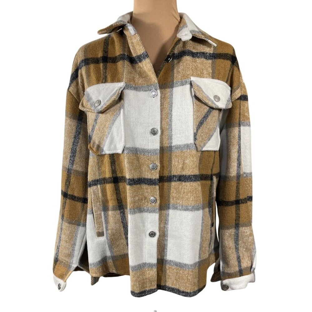 Shein Plaid Shacket Jacket Brown Black Button Size L Large
